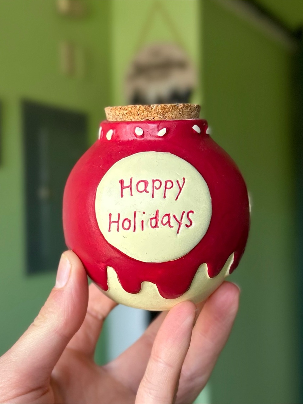 Happy Holidays Seasonal Christmas Corked Ceramic Jar